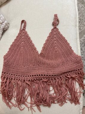 POL Pink Crochet Fringe boho top